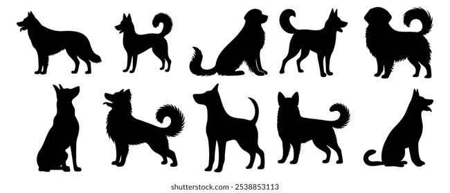 Vector illustration. Silhouettes of black dogs. Set of animal stickers. Large set.