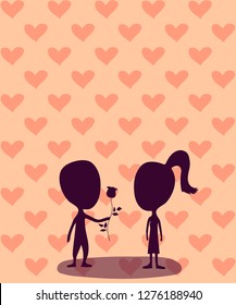 vector illustration silhouettes of a boy with a rose and a girl on the background of hearts on an orange background