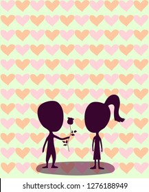 vector illustration silhouettes of a boy with a rose and a girl on the background of hearts on a green bright background