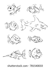 Vector Illustration Silhouettes Cartoon Fishes Stock Vector (Royalty ...