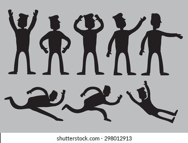 Vector illustration of silhouettes of cartoon man characters in black with different animated gestures isolated against plain grey background.