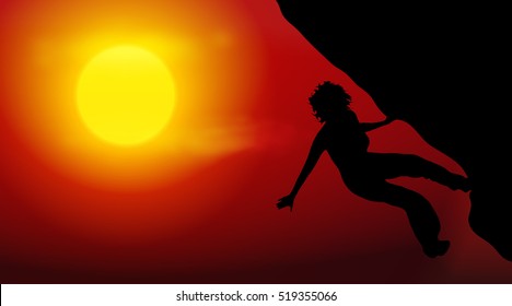 Vector illustration silhouettes of climber on sunset
