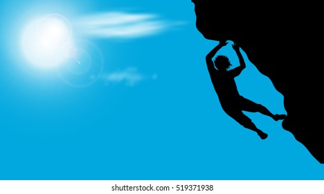 Vector illustration silhouettes of climber on blue sky