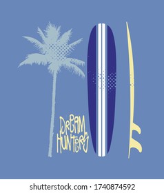 Ilustración vectorial de siluetas de coco, tablas de surf.