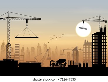 Vector illustration of Silhouettes of cranes working on the building