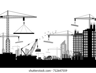 Vector illustration of Silhouettes of cranes working on the building