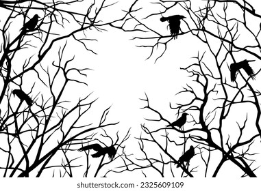 Vector illustration with silhouettes of crooked branches and flying crows with copy space in the middle on white background