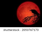Vector illustration of silhouettes of crow on branch in front of full red moon or blood moon in dark night,on black background, Celebrate,Fantasy,Happy Halloween under Moonlight concept,Art,Design.