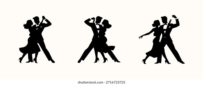 Vektorgrafik. Silhouetten von tanzenden Menschen. Verliebtes Paar. Tango-Walzer. Salso.