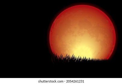 Vector illustration of silhouettes of dark grass in front of full red moon,blood moon in dark night, nature nightly landscape,on black background,Celebrate,Fantasy, Happy Halloween,Moonlight concept.