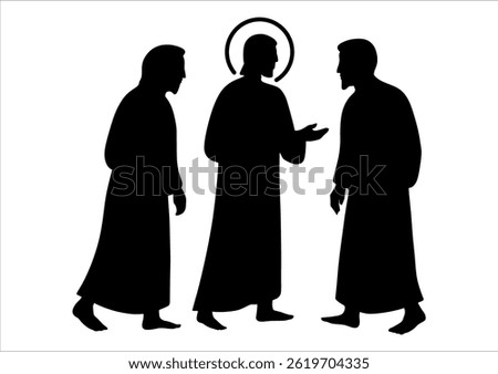 Vector illustration of silhouettes depicting Jesus and the two disciples on the road to Emmaus. Disciples on the road to Emmaus. Jesus Christ and his disciples in black