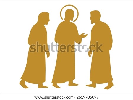 Vector illustration of silhouettes depicting Jesus and the two disciples on the road to Emmaus. Disciples on the road to Emmaus. Jesus Christ and his disciples in gold