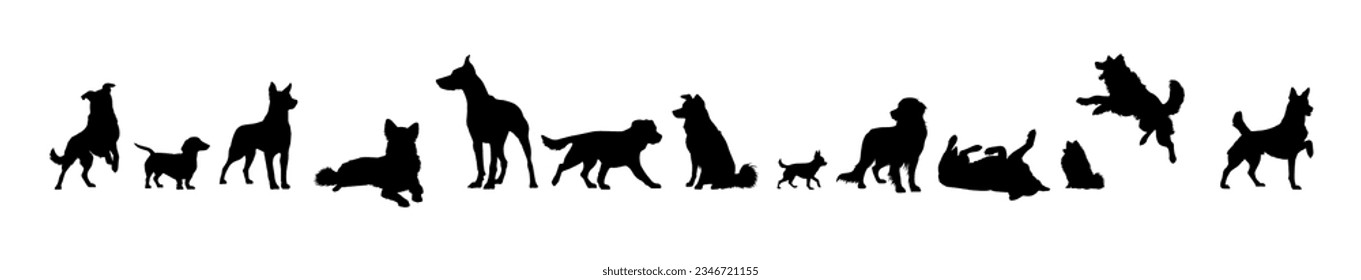 Vector illustration. Silhouettes of dogs of different breeds and sizes. Big set of animals.