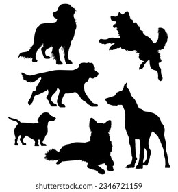 Vector illustration. Silhouettes of dogs of different breeds and sizes. Big set of animals.