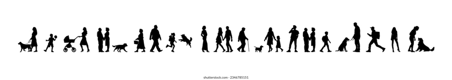 Vector illustration. Silhouettes of dogs of different breeds and sizes. Big set of animals and people. Dog lovers in the park.