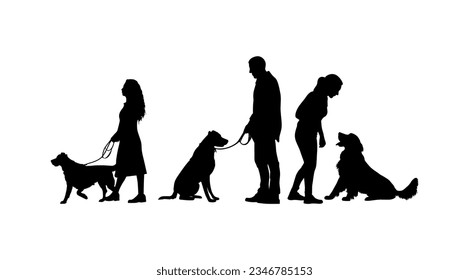 Vector illustration. Silhouettes of dogs of different breeds and sizes. Big set of animals and people. Dog lovers in the park.