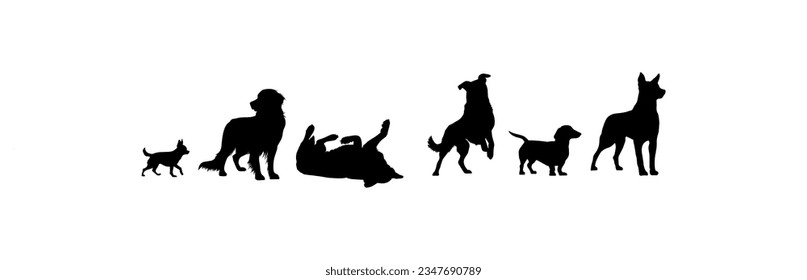 Ilustración vectorial. Siluetas de perros de diferentes razas y tamaños. Gran grupo de animales.