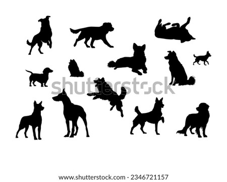 Vector illustration. Silhouettes of dogs of different breeds and sizes. Big set of animals.
