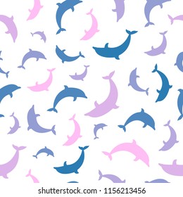 Vector illustration with silhouettes of dolphins on the white background, seamless pattern.