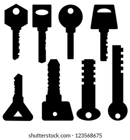 Vector illustration, silhouettes of eight keys on a white background.