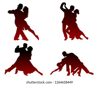 Vector illustration of silhouettes of four dancing couples    