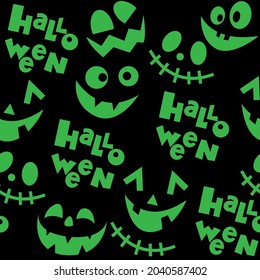 Vector illustration with silhouettes of а funny faces for Halloween seamless pattern on a black background