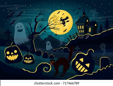 Vector illustration of silhouettes of ghosts, pumpkins, witch, scary cat and other different creatures and decorations for Halloween.