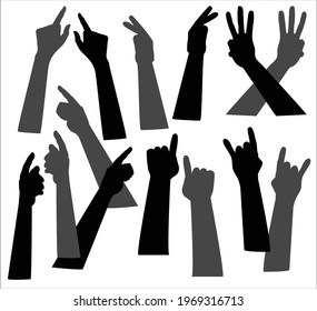 Vector illustration of silhouettes of hands with different gestures. Elements for decoration.