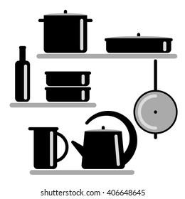 Vector illustration. Silhouettes of kitchen shelves and cooking utensils. Grouped for easy editing. 
