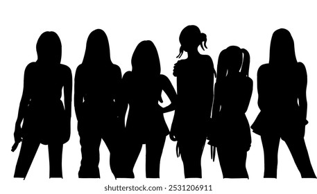 Vector illustration of silhouettes of kpop idols singing and dancing on a music stage. Silhouettes of 6 member idols