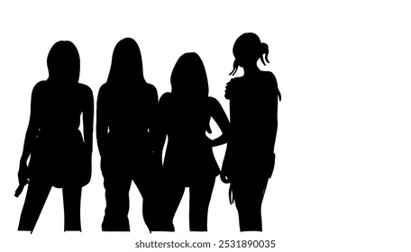 Vector illustration of silhouettes of kpop idols singing and dancing on a music stage. Silhouettes of 4 member idols