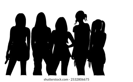 Ilustração vetorial de silhuetas de ídolos kpop cantando e dançando em um palco de música. Silhuetas de 5 ídolos membros