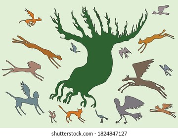 Vector illustration of silhouettes of magic tree and fantastic creatures