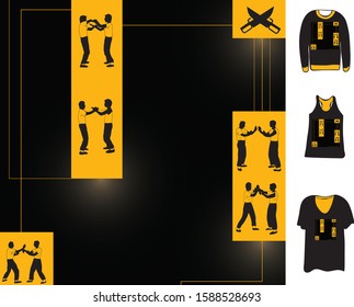 Vector illustration with silhouettes of men are engaged fighting skills. And examples of this vector on clothes