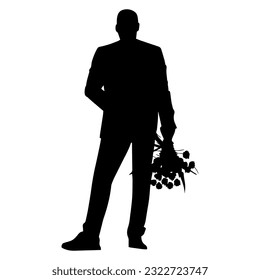 Ilustración vectorial. Siluetas de hombres con flores en las manos.