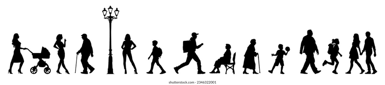 Vector illustration. Silhouettes of men and women of different ages. Big set of people.