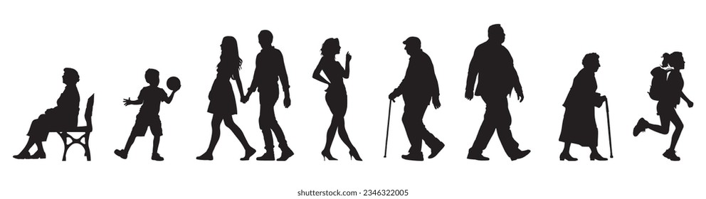 Vector illustration. Silhouettes of men and women of different ages. Big set of people.