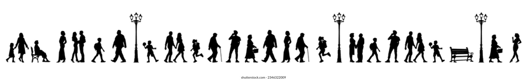 Vector illustration. Silhouettes of men and women of different ages. Big set of people.