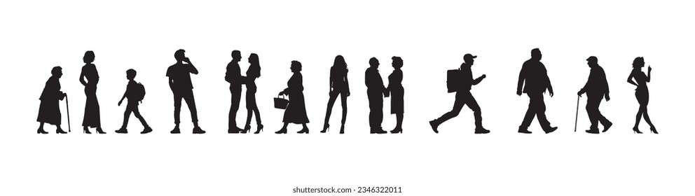 Vector illustration. Silhouettes of men and women of different ages. Big set of people.