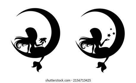 Vector illustration silhouettes of mermaids sitting on a crescent moon. One mermaid is holding stars and another magic stars. Black color isolated on white.