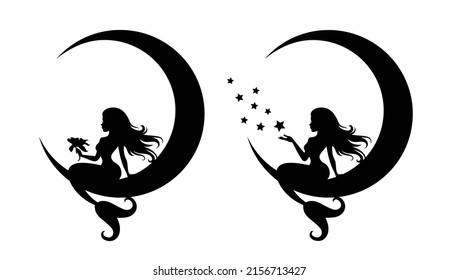 Vector illustration silhouettes of mermaids sitting on a crescent moon. One mermaid is holding stars and another magic stars. Black color isolated on white.