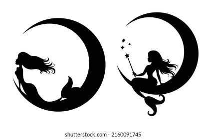 Vector illustration silhouettes of mermaids sitting on a crescent moon. One mermaid is holding stars and another magic stars. Black color isolated on white.