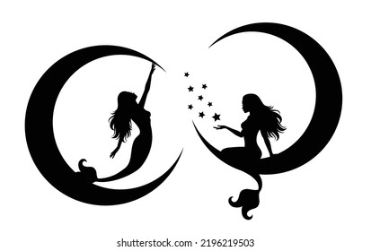 Vector illustration silhouettes of mermaids sitting on a crescent moon. One mermaid is holding stars and another magic stars. Black color isolated on white.