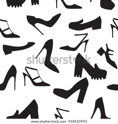 Vector illustration of silhouettes of modern shoes on white background. Shoes icons set. Seamless pattern. Flat design