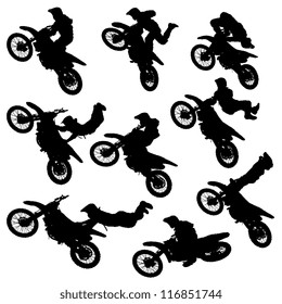 vector illustration silhouettes of motorcycle jumping - set of motocross freestyle jump isolated