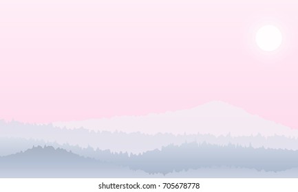 Vector illustration of silhouettes of mountains with sun and pink sky. Nature landscape background.