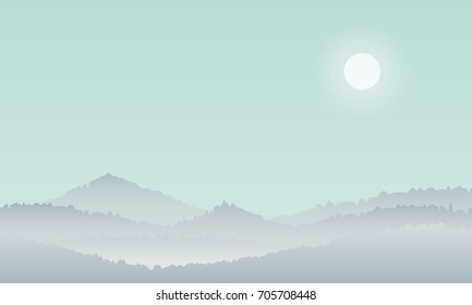 Vector illustration of silhouettes of mountains with sun and green sky. Nature landscape background.