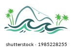 Vector illustration of silhouettes of mountains and waves in free and stripped strokes style.
