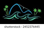 Vector illustration of silhouettes of mountains and waves in free and stripped strokes style.