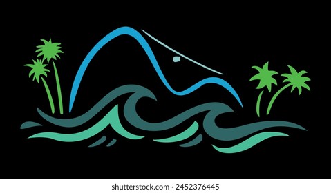 Vector illustration of silhouettes of mountains and waves in free and stripped strokes style.